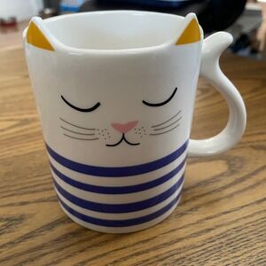 Parker Lane Cat Mug White Blue Striped Coffee Tea Kitty‎ Cup with Ears